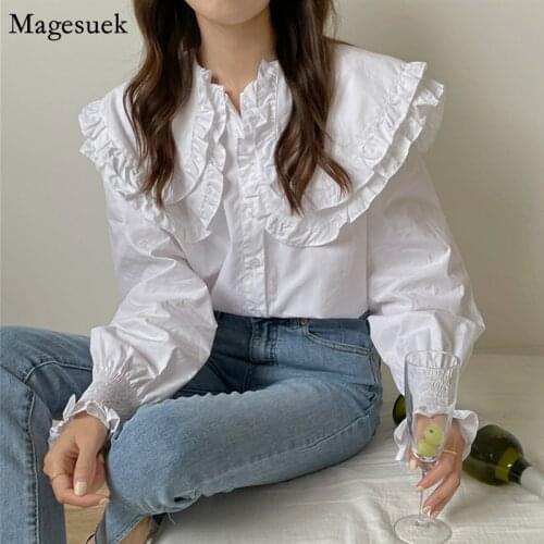 Spring New Chic Turn Down Collar Ruffled Woman Shirt White Long Sleeve Loose Casual Shirts Women Solid Fashion Tops Blusas 13905