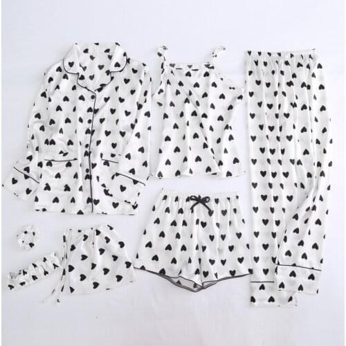 LaMaxPa 2020 7 piece pajamas for womens polka V-neck silk autumn pajamas set home suit clothing warm casual costumes