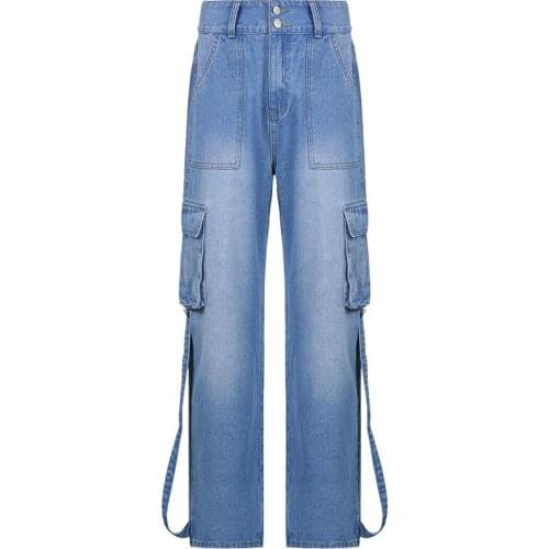 Street style personality fashion autumn new high-waist straight-leg tooling jeans pants women