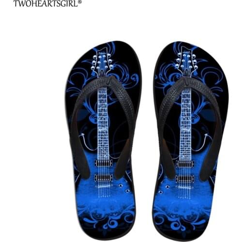 Twoheartsgirl Plus Size Fashion Guitar Pattern Beach Shoes Women Summer Slippers Summer Flip Flops Flat Shoes for Ladies Soft
