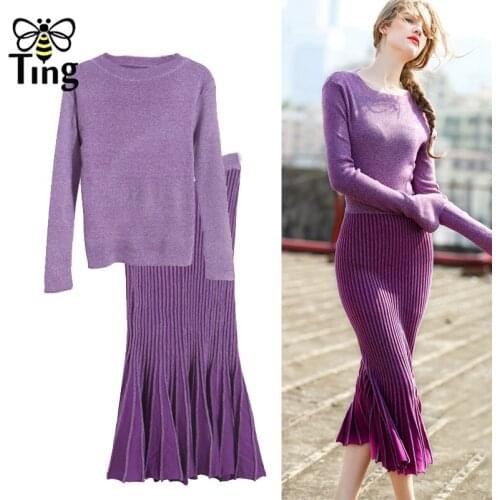 Tingfly Runway Fashion Women 2 pc Dress Sets Purple Knitted Sweater Pullovers + Elegant Mermaid Midi Skirts Sets Fitness Sets