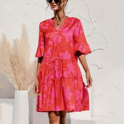 Summer Cake Stitching Dress Womens Floral Printing V-neck Flared Sleeve Cake Stitching Dress Summer Loose Mini Dress Woman