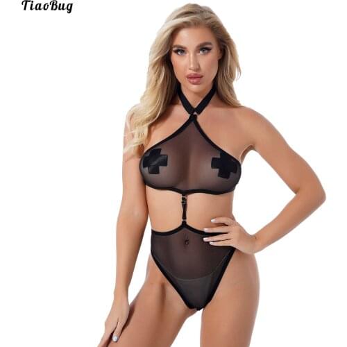 TiaoBug Women See-Through Mesh One-Piece Lingerie Bodysuit Halter Neck Crotchless Sheer Leotard Cutout Catsuit Honeymoon Gift