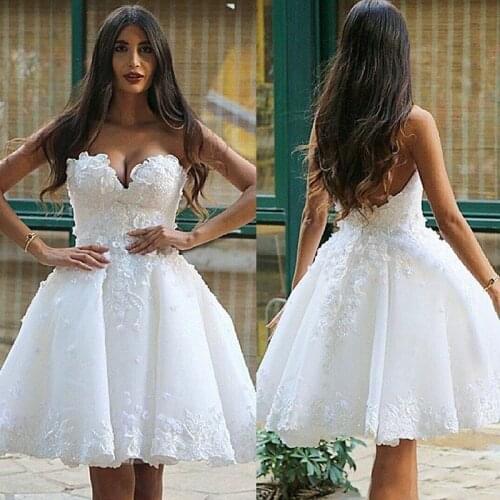 2021 New Arrival Charming White A Line Wedding Dresses for Bride Short Sweetheart Florals Bridal Wedding Gowns Open Back On Sale