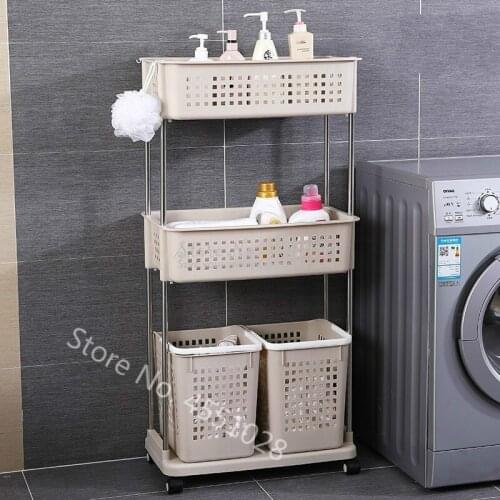 A,Bathroom racks large multi-layer combination hamper storage basket laundry basket thick plastic pulley storage shelf