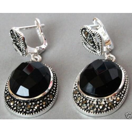 Free Shipping hot sell new - Vintage 925 Sterling Silver Natural Faceted Black jade Onyx Marcasite Earrings