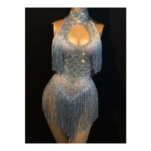 Sparkly Rhinestones Tassel Leotard Nightclub Dance DS Show Stage Wear Stretch Bodysuit Party Female Singer Outfit