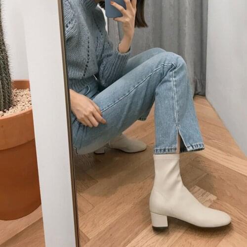 4-color Fashion Boots 2020 Autumn and Winter Round Toe Thick Heel High Heels Leather Nude Boots Size 33-42