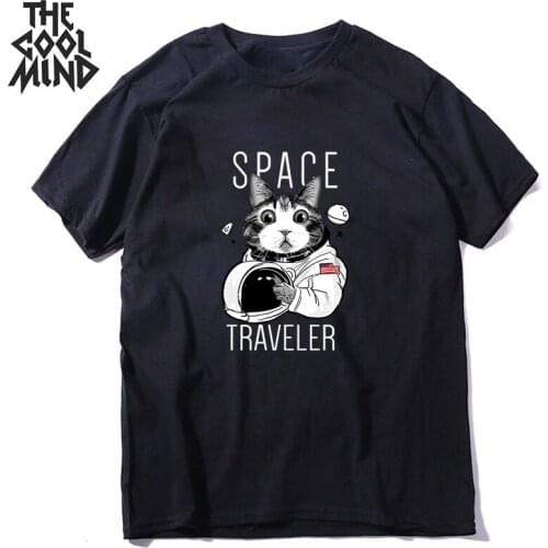 COOLMIND 100% cotton cool space cat print men T shirt short sleeve o-neck lovely cat men tshirt loose t-shirt men tee shirts