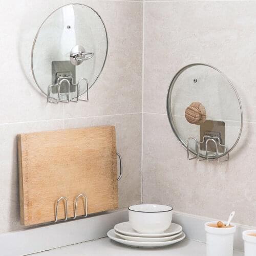1 Pcs Wall Mounted Stainless Steel Pot Lid Holder Free Perforated Hooks Cutting Board Pan Cover Sponge Holder Storage Rack