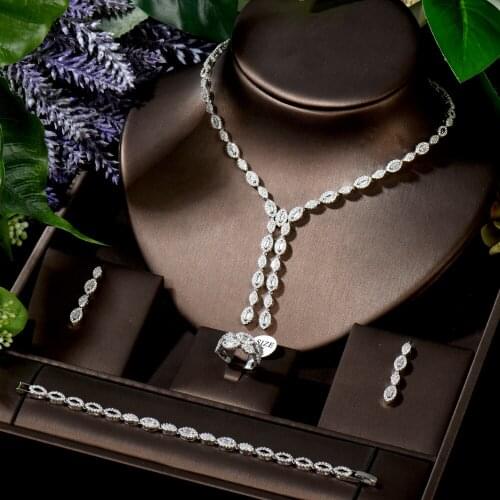 HIBRIDE Elegant Long Pendientes Nigerian Necklace Earring Jewelry Sets White Gold Color Women Bridal Dress Accessories N-1601