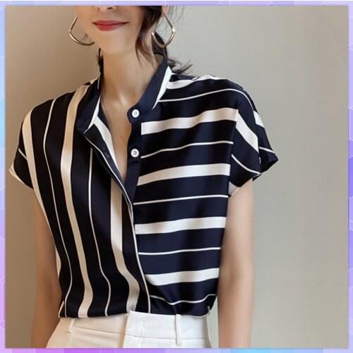 Oversized T-shirt Women Casual Irregular Striped Top Blusas Female Loose Chiffon Tee Shirt Ladies Office Short-Sleeve Stand Top