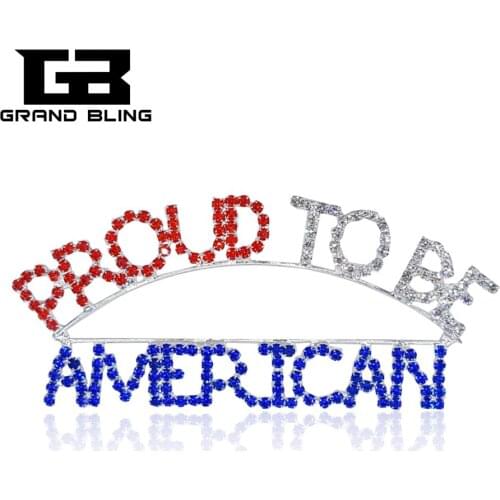 GRANDBLING USA Theme Rhinestone Brooch Pin "PROUD TO BE AMERICAN" Word Pin Unique Jewelry&Gift