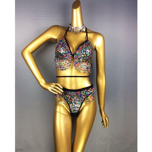 2019 Women Shining Sequin Bikini 3pcs Set Bodysuit Belly Dance Clothing Nightclub DJ Party Dancer Wear Sexy Costume Stage Outfit