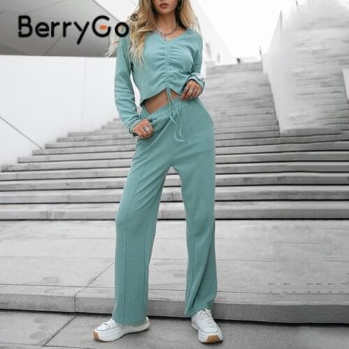 BerryGo Casual drawstring shrinkage two piece set women Long sleeve crop top high waist long pant sets Cotton pocket tracksuits