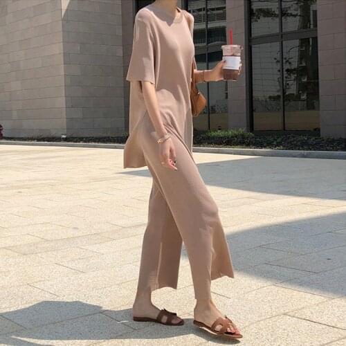 Tracksuit 2 Piece Pant Suits For Women Knitted short Sleeve Two Piece Set Top And Wide leg Pants Women Suit Outwear Korean