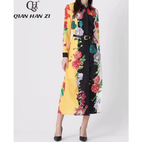 QianHanZi High quality runways Fashion designer long dress Womens long sleeve Vintage Flower print High Split Mid-Calf dresses