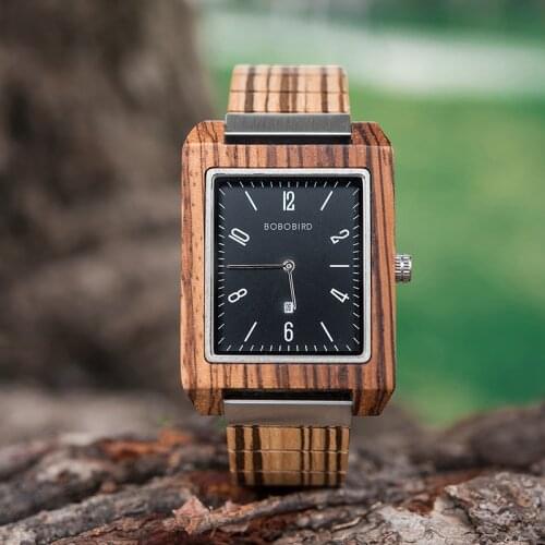 BOBO BIRD Men Watches 2020 Bamboo Rectangular Dial Luxury Brand Date display Wristwatch Wood Strap Gift Wooden Box reloj hombre