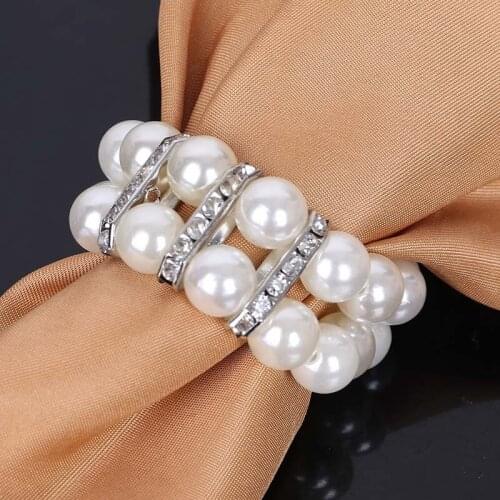2017New 50Pcs 2Row Pearl Rhinestones Napkin Rings for Weddings and Hotel table decoration EG07