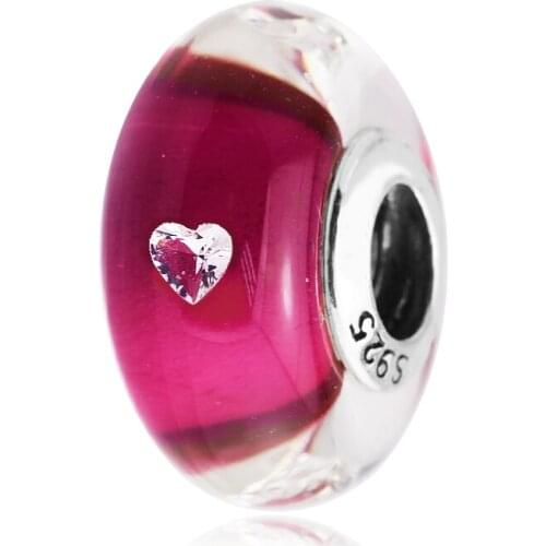 QANDOCCI New Murano Glass Beads Fit for Original Bracelets 925 Sterling Silver Jewelry Charms,Cerise Heart Glass CZ