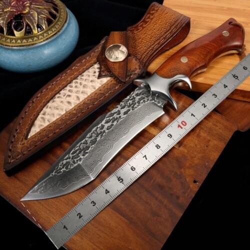 Damascus 83 Layers Steel Hunting Knife With Sheath Handmade Fixed Blade Knife Dalbergia Wood Handle Outdoor Survival Knife Tool