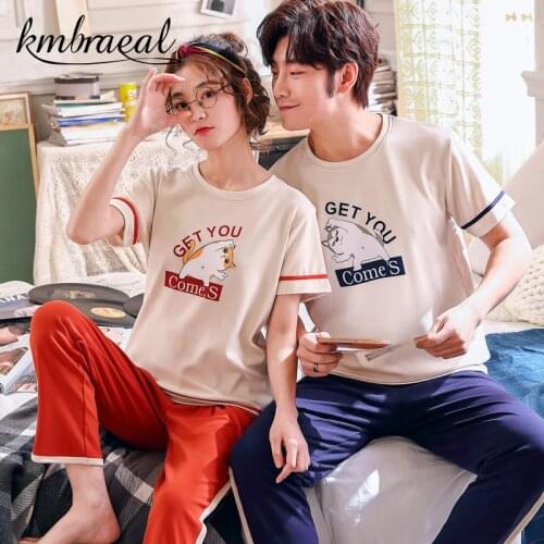 Mens Pajamas Set Summer And Autumn Couples Round Neck Pajamas Short Sleeve Pajamas Mens Soft Pajama Cotton Ladies Sleepwear