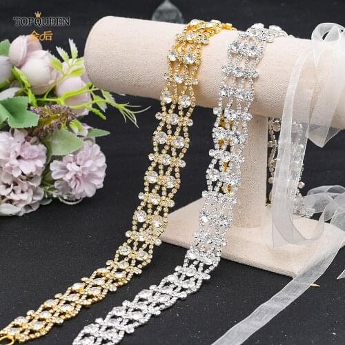 TOPQUEEN S414 Wedding Bridal Belt Sash White Sash with Gold Rhinestones Jeweled Belts for Women Wedding Evening Dress Belt