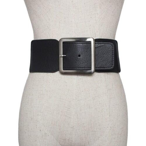 New Lady Women Elastic Waistband Wide Waist Belt Retro big Metal Buckle Faux Leather black Winter accessories