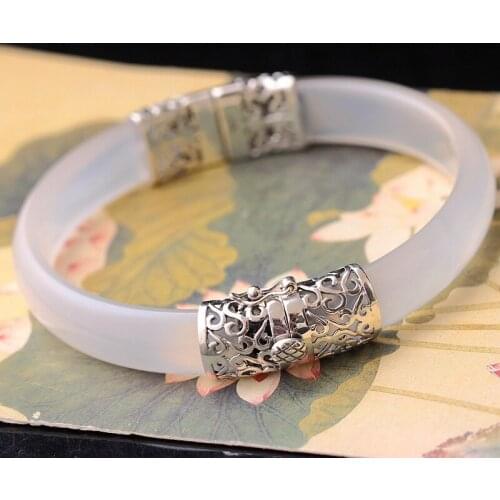 Retro Silver Jewelry Wholesale Silver Women Natural White Chalcedony Bangle Vintage Thai Silver Bangle