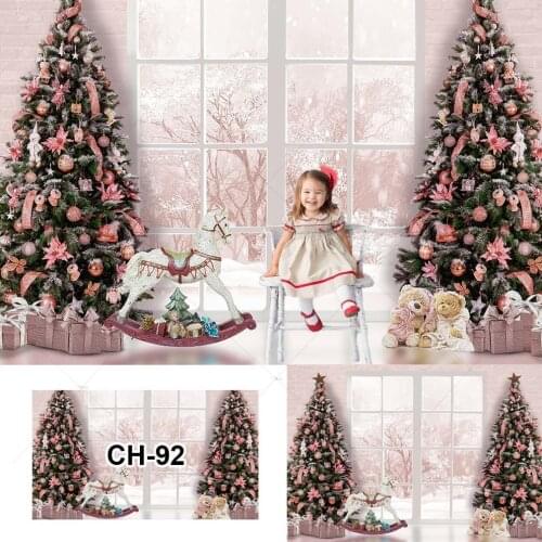Christmas Brick Wall Backdrop Window Pink Christmas Tree Gifts Toy Winter Snow Family Party Decor Background Photo Studio Props