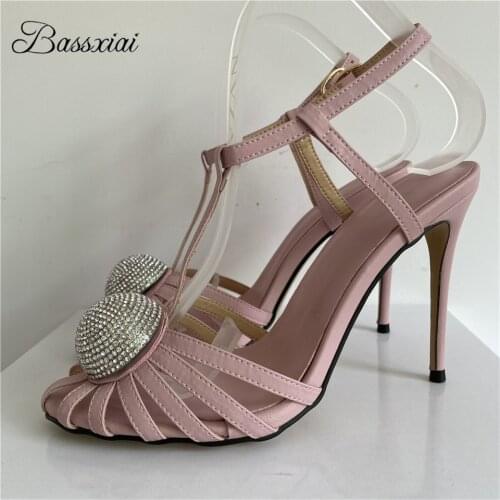 Sexy Stiletto Heel Narrow Band T-strap Sandals Women Real Leather Diamond Rhinestone Crystal Ball Summer Sandalias