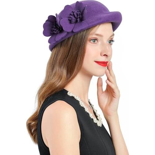 Fedora Cap For Women Purple Fashion Women Wool Felt Hat Flower Headpiece Fascinators Elegant Wedding Hats for Woman Cocktail Cap