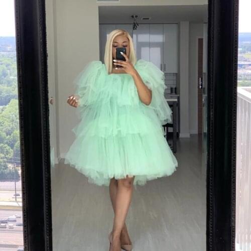 Chic Tiered Tulle Evening Party Dresses 2020 Round Neck Puffy Tulle Formal Dresses Custom Made Short Prom Gowns Robe De Soiree