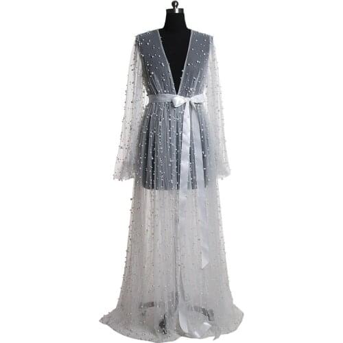 Womens Wraps Lady Sleepwear Custom Made V Neck Long Sleeves Women Beads Bathrobe Sheer Nightgown Robe Prom Bridesmaid Shawl