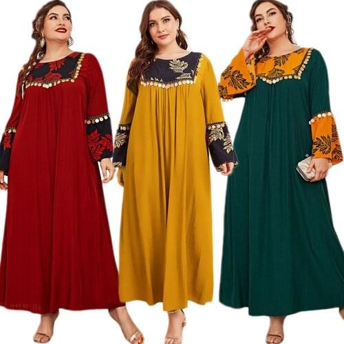 Ramadan Ethnic Muslim Women Sequins Long Dress Arab Abaya Islamic Clothing Middle East O-neck Plus Size Maxi Robe Gown Fashion