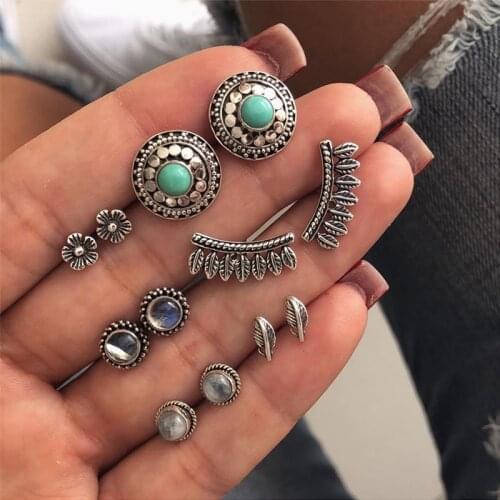 12 Pcs/Set Lady Retro Flower Leaves Tassel Pendant Round Gem Crystal Stud Earring Exquisite Girl Silver Color Earring Set