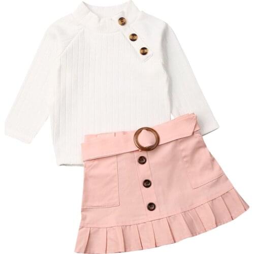 2pcs Toddler Kids Baby Girl Clothes Set Buttuns Tops T Shirt Mini Skirts Girls Party Outfit Autumn Clothing Set