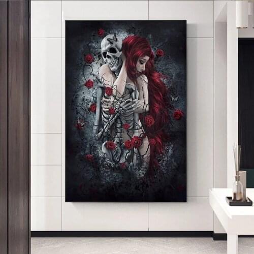 Abstract Skull Girl Canvas Art Posters and Prints Dark Rose Flowers Wall Art Paintings Pictures Cuadros for Living Room Decor