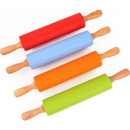 Non-Stick Silicone Rolling Pin Wooden Handle Pastry Dough Flour Roller Kitchen Cooking Baking Tool For Pasta Cookie Dough