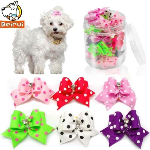 20/50/100 Pcs Cute Diamond Dot Print Pet Cat Dog Hair Bows Grooming Accessories Kitten Puppy Rubber Band