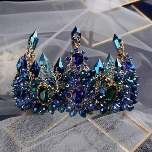 Bavoen Brides Oversize Blue Baroque Royal Crown Headpiece Retro Green Rhinestone Tiara Hairbands Wedding Hair Jewelry