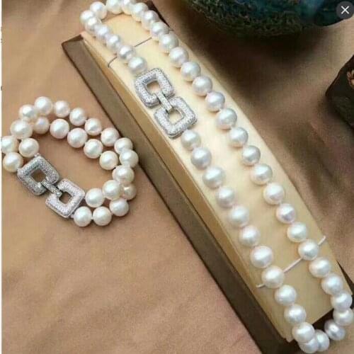 Free shipping >>>>noble jewelry 9-10mm Freshwater white pearl necklace braceler set