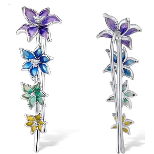Bohemia Fashion Jewelry Ladies Real 925 Sterling Silver Flower Earrings Handmade Enamel Flower Stud Earring for Women Girls