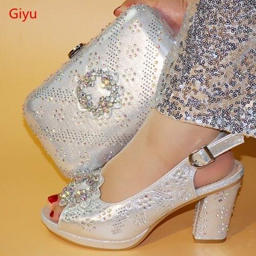 Doershow charming Shoes and Bags To Match Shoes with Bag Set Decorated with Rhinestone Nigerian Women Wedding Shoes set!HHM1-7