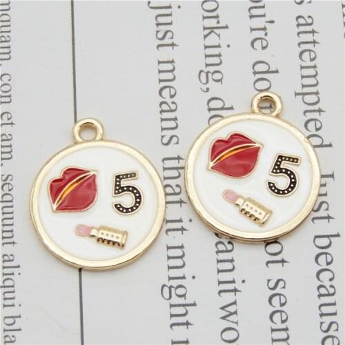 Julie Wang 8PCS Enamel Round Makeup Charms Alloy Red Lip Lipstick Number 5 Gold Tone Pendants Bracelet Jewelry Making Accessory