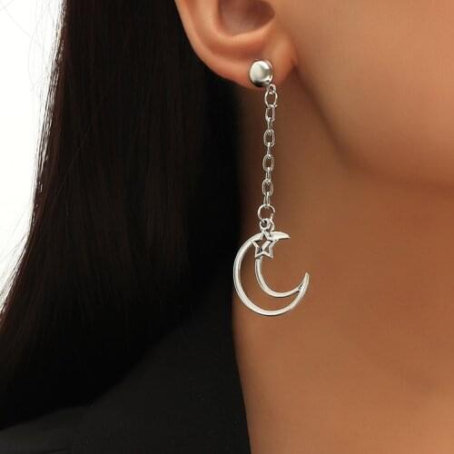 Fashion Simple Silver Color Metal Hollow Moon Star Dangle Earrings For Women Girls Trendy Long Chain Drop Earring Jewelry