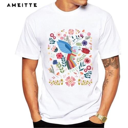 2019 AMEITTE Art Design Flowers Bird T-Shirt Mens Hipster White Printed Short Sleeve Tee Shirts Summer Popular Streetwear Tops