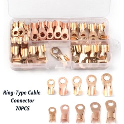 YT Bare OT Open Ring-Type Cable Wire Terminal Copper Lugs Set 70PCS/Set 10/20/30/40/50A Non-insulated Connector Kit