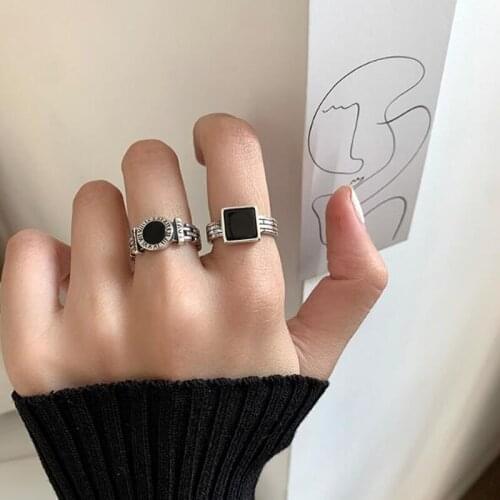 2021 New Style Retro Silver Plated Black Drop Glaze Round Square Open Rings for Women Men Roman Numeral Rings Gifts