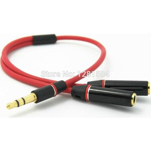 Wholesale - New 3.5mm male to 2 female Metal branch red audio cable splitter earphone cable adapter 500pcs DHL